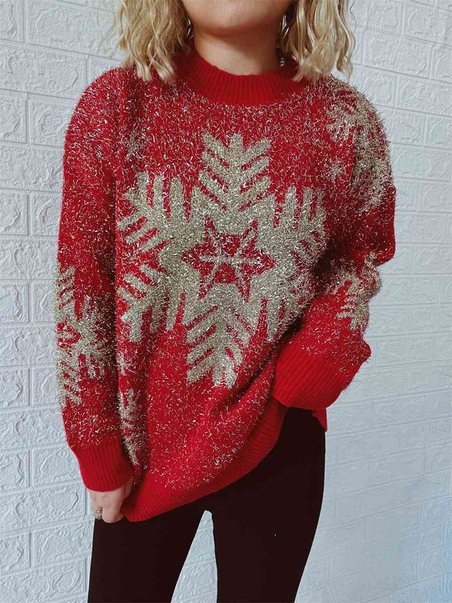 Fuzzy Red Gold Bold Knit Round Neck Classy Holiday Christmas Winter Sweater