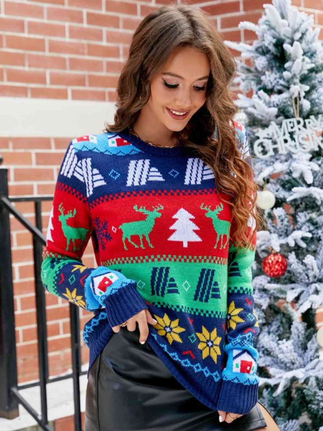 Knit Fair Isle Tree Reindeer Snowflake Bold Geometric Classic Winter Sweater