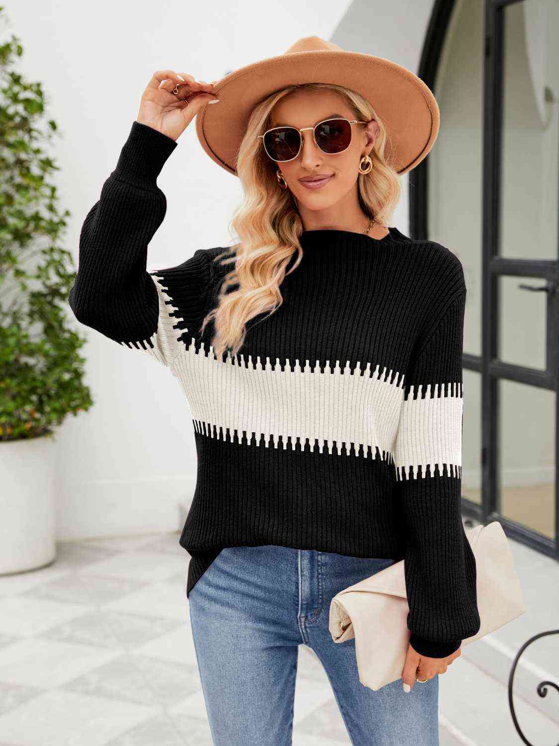 Contrasting Color Block Ribbed Knit Long Sleeve Patchwork Minimalist Sweater