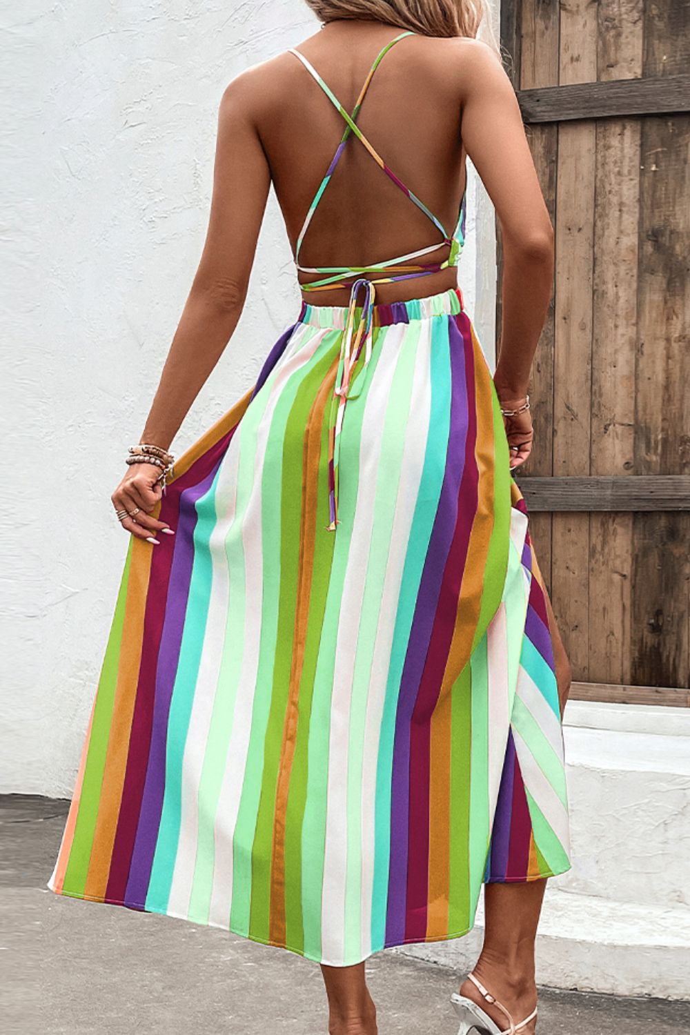 Bright Summer Stripe Backless Cross Tie Split Leg Maxi Dress (Plus Size Available)