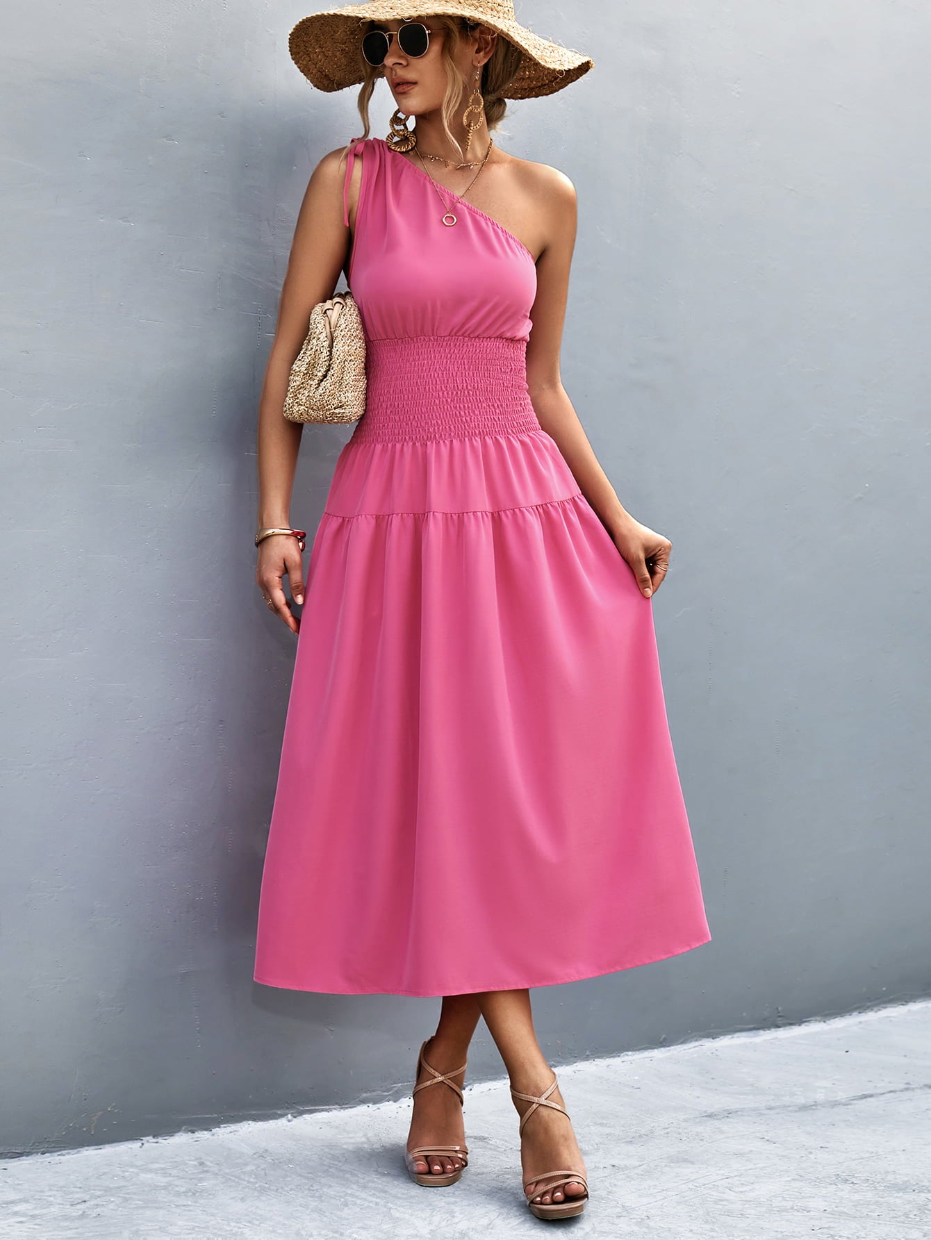 Cinch Tie Asymmetrical One Shoulder Smocked Waist Midi Dress