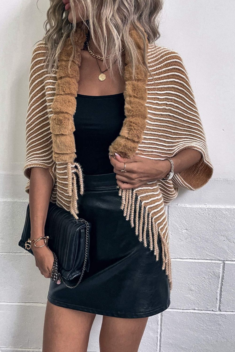 Stripe Faux Fur Retro Fringe Hem Open Front Shrug Knit Bolero Cardigan