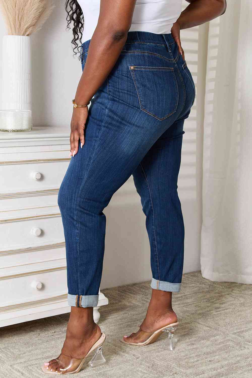 Skinny Ankle Cuffed Pants Cropped Dark Whisker Wash Stretch Denim Judy Blue Jeans