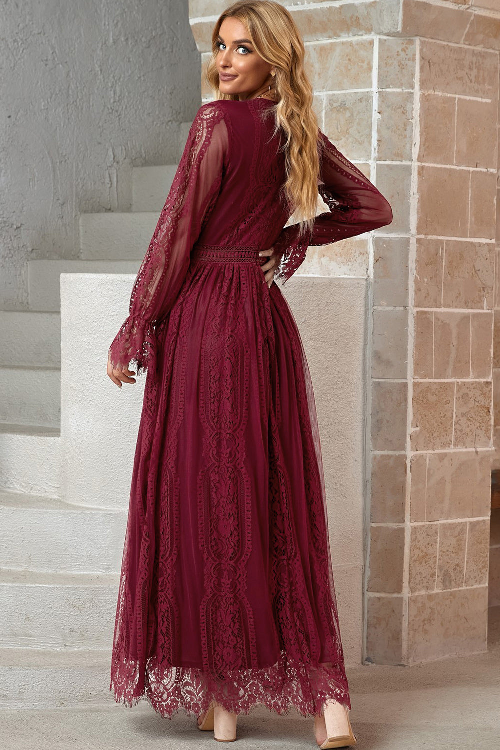 Elegant LACE V-Neck Long-sleeve Maxi Dress (Plus Size Available)