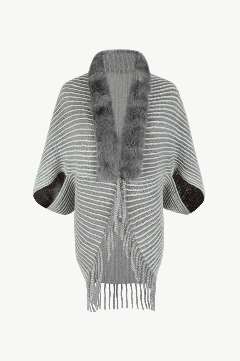 Stripe Faux Fur Retro Fringe Hem Open Front Shrug Knit Bolero Cardigan