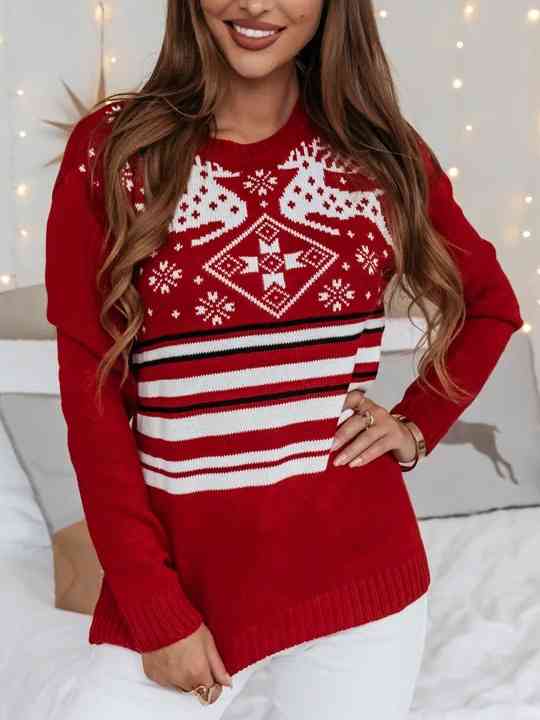 Knit Reindeer Snowflake Stripe Round Neck Classic Holiday Sweater Minimalist