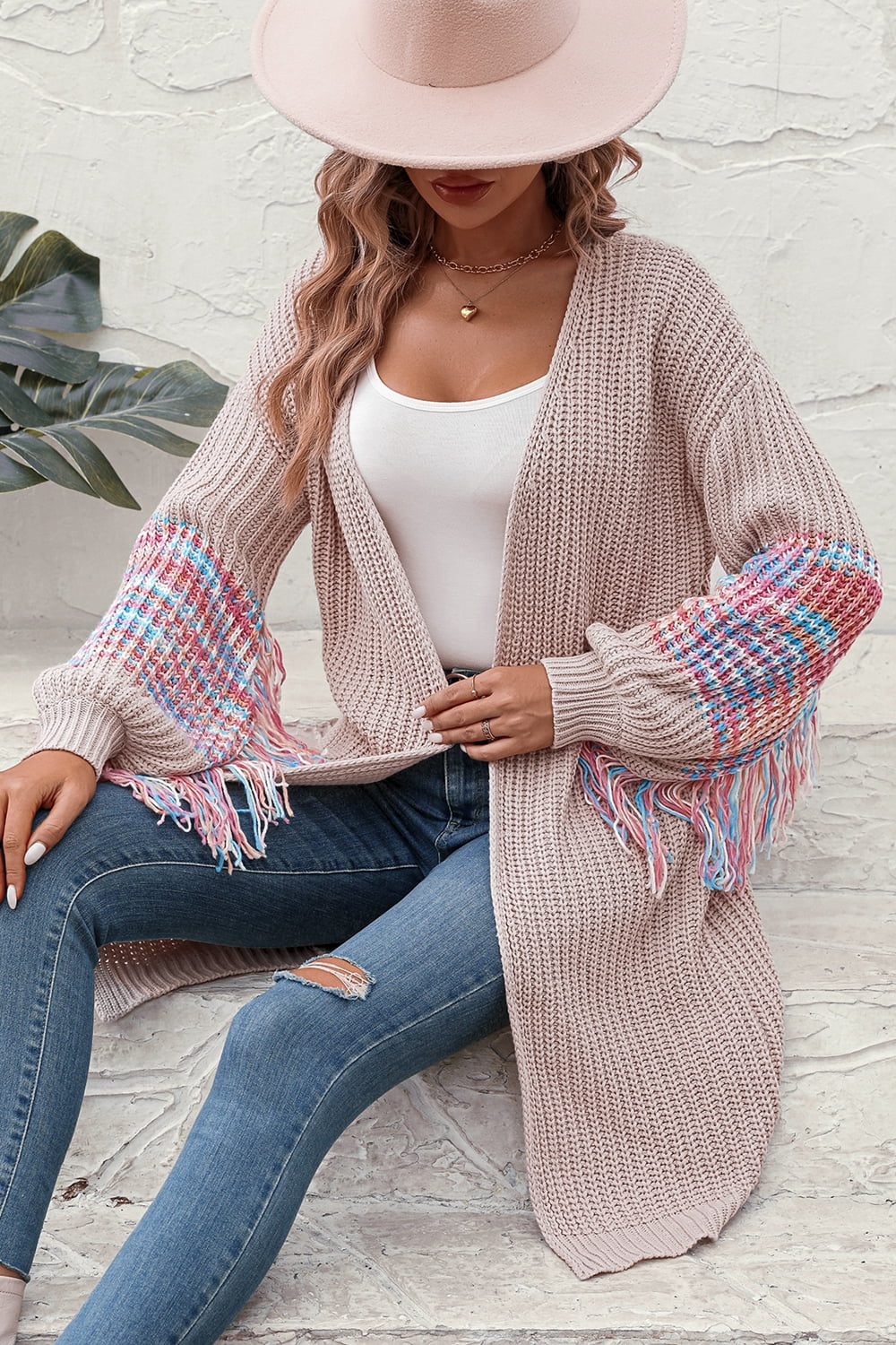 Fringe Sleeve Retro Waffle Knit Longline Cardigan Colorful Open Front Sweater Duster