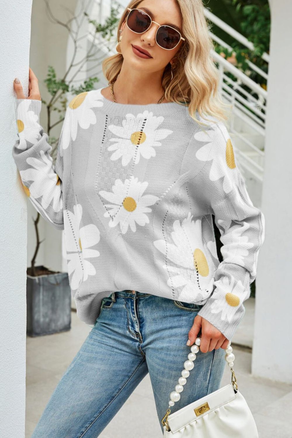 Daisy Knit Print Openwork Detail Lightweight Sweater