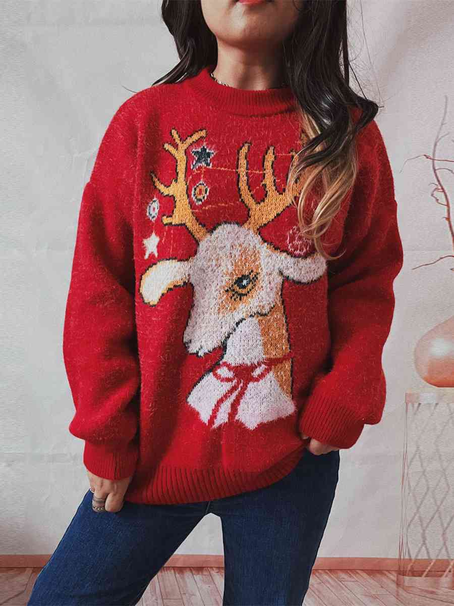Christmas Reindeer Soft Fuzzy Knit Round Neck Classy Holiday Sweater Top