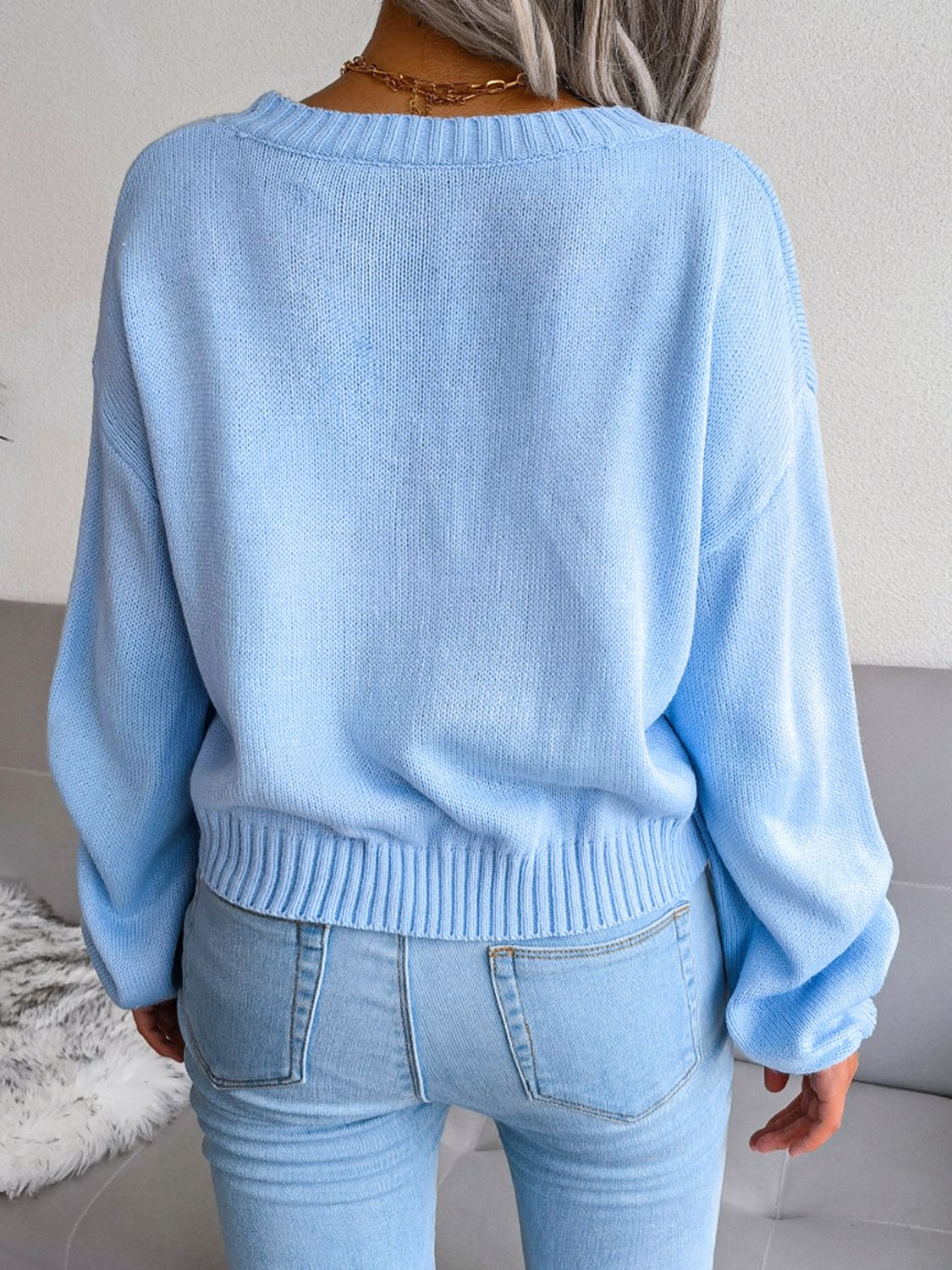 Cloud Print Cropped Classic Knit Button Front Retro Long Sleeve Cardigan