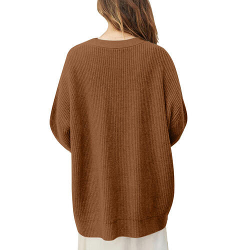 Ribbed Knit Oversized Button Front Classic Long Sleeve Button Front Cardigan
