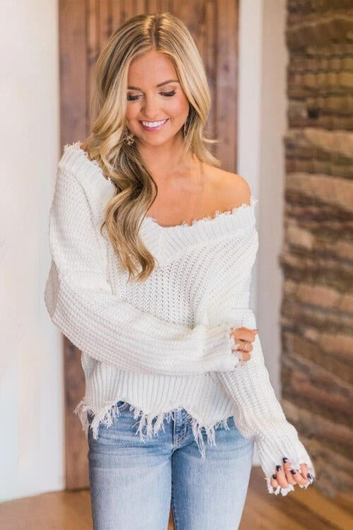Distressed Raw Hem Off Shoulder Wide Neck Long Sleeve Waffle Knit Sweater Shirt
