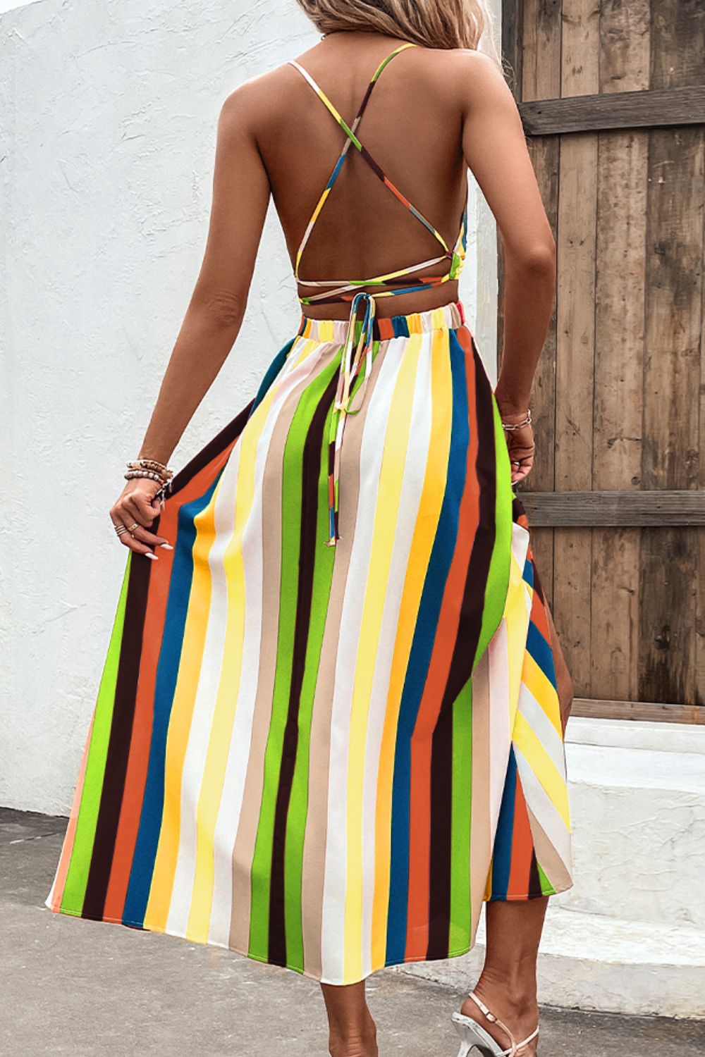 Bright Summer Stripe Backless Cross Tie Split Leg Maxi Dress (Plus Size Available)