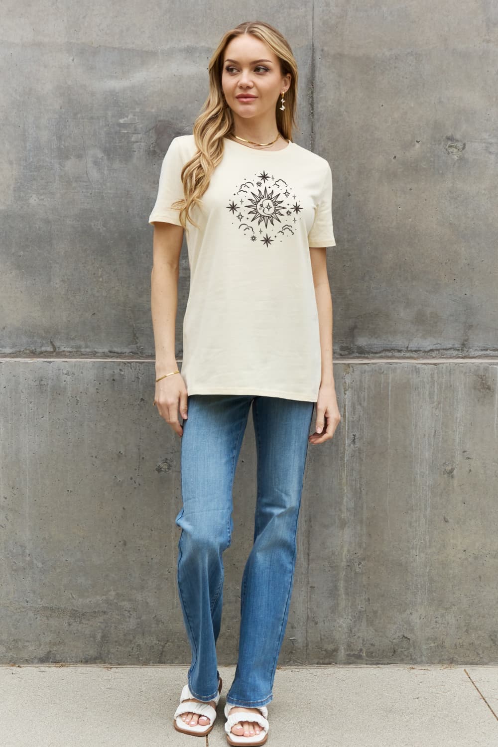SUN MOON CLOUDS Celestial Graphic Short Sleeve 100% Cotton Tee Shirt (Plus Size Available)