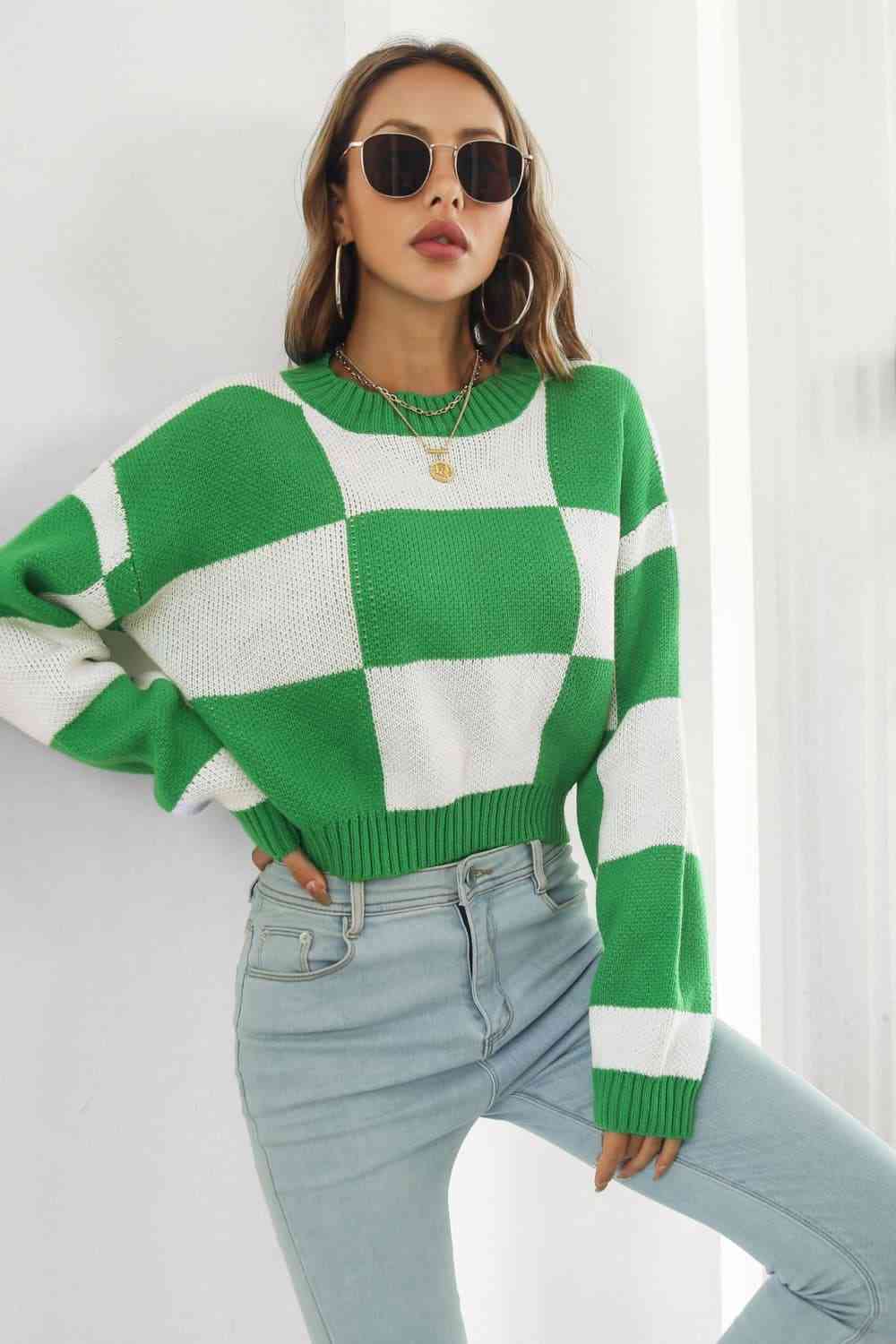 Checker Color Block Knit Crop Top Round Neck Long Sleeve Minimalist Sweater Shirt