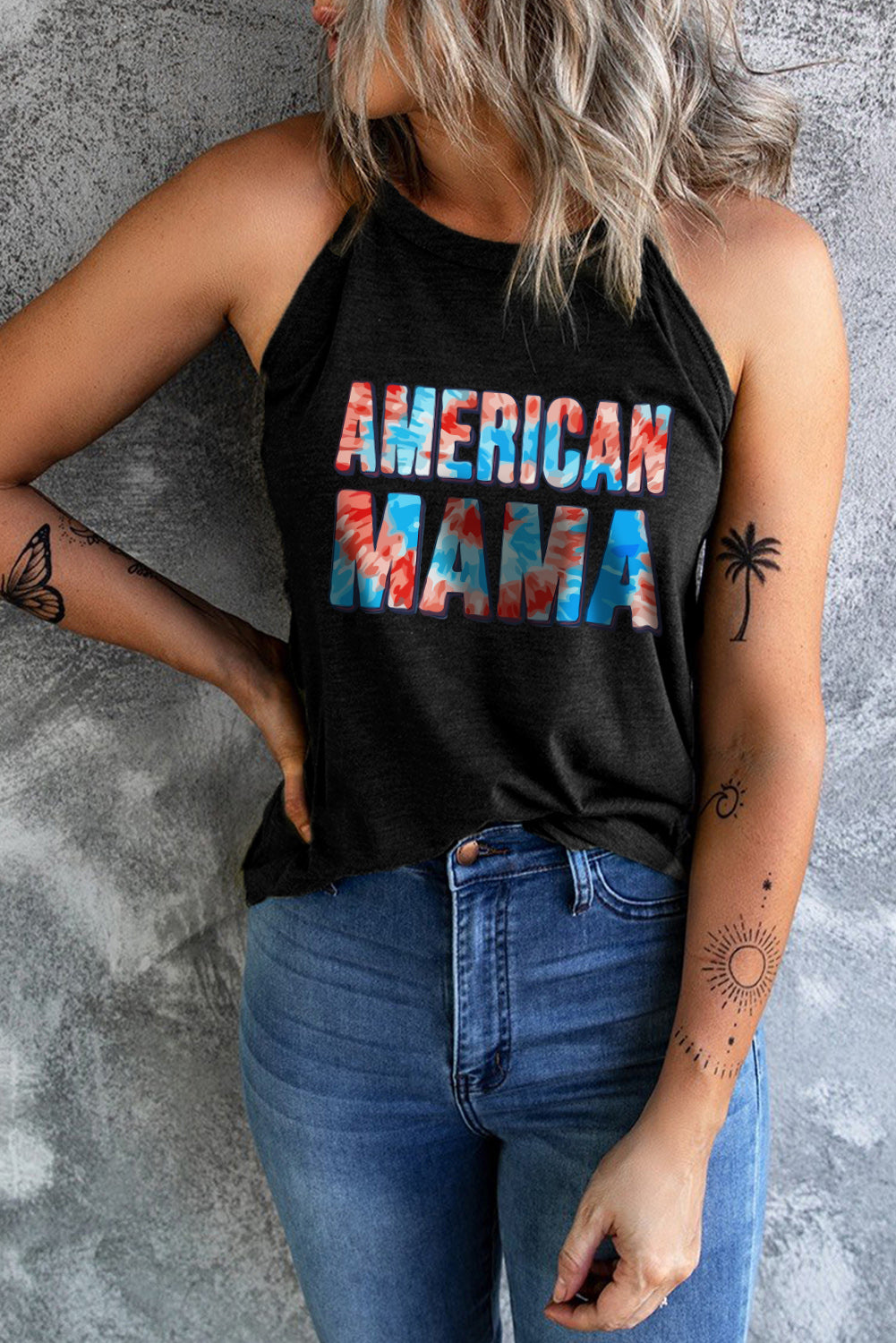 Tie-dye AMERICAN MAMA Shirt Sleeveless Patriotic Graphic Tank Top