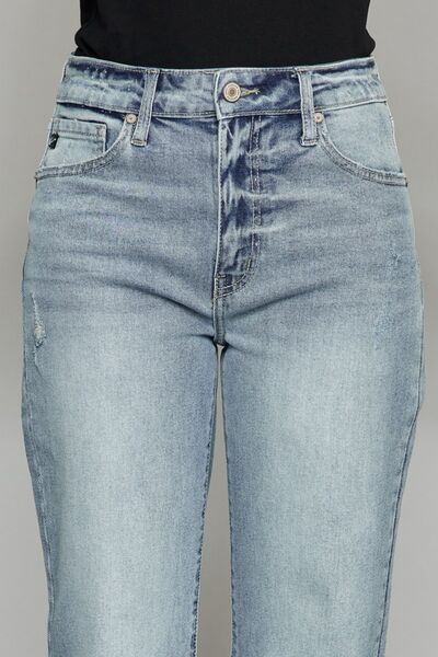 KanCan High-Rise Waist Raw Distressed Cropped Hem Wide Leg Mom Denim Jean Pants