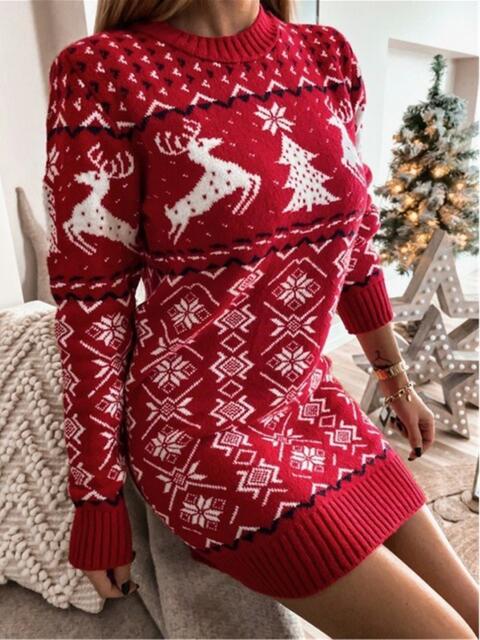 Fair Isle Winter Reindeer Snowflake Classic Knit Long Sleeve Mini Sweater Dress
