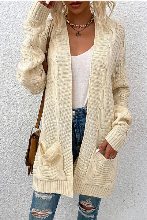 Oversized Cable Knit Classic Open Front Patch Pocket Cardigan Fall Winter