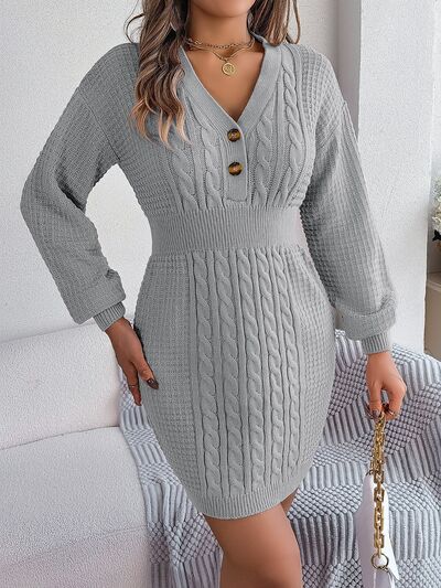 Cable Waffle Knit Blend Sweater Dress Buttoned V-neck Long Sleeve Mini