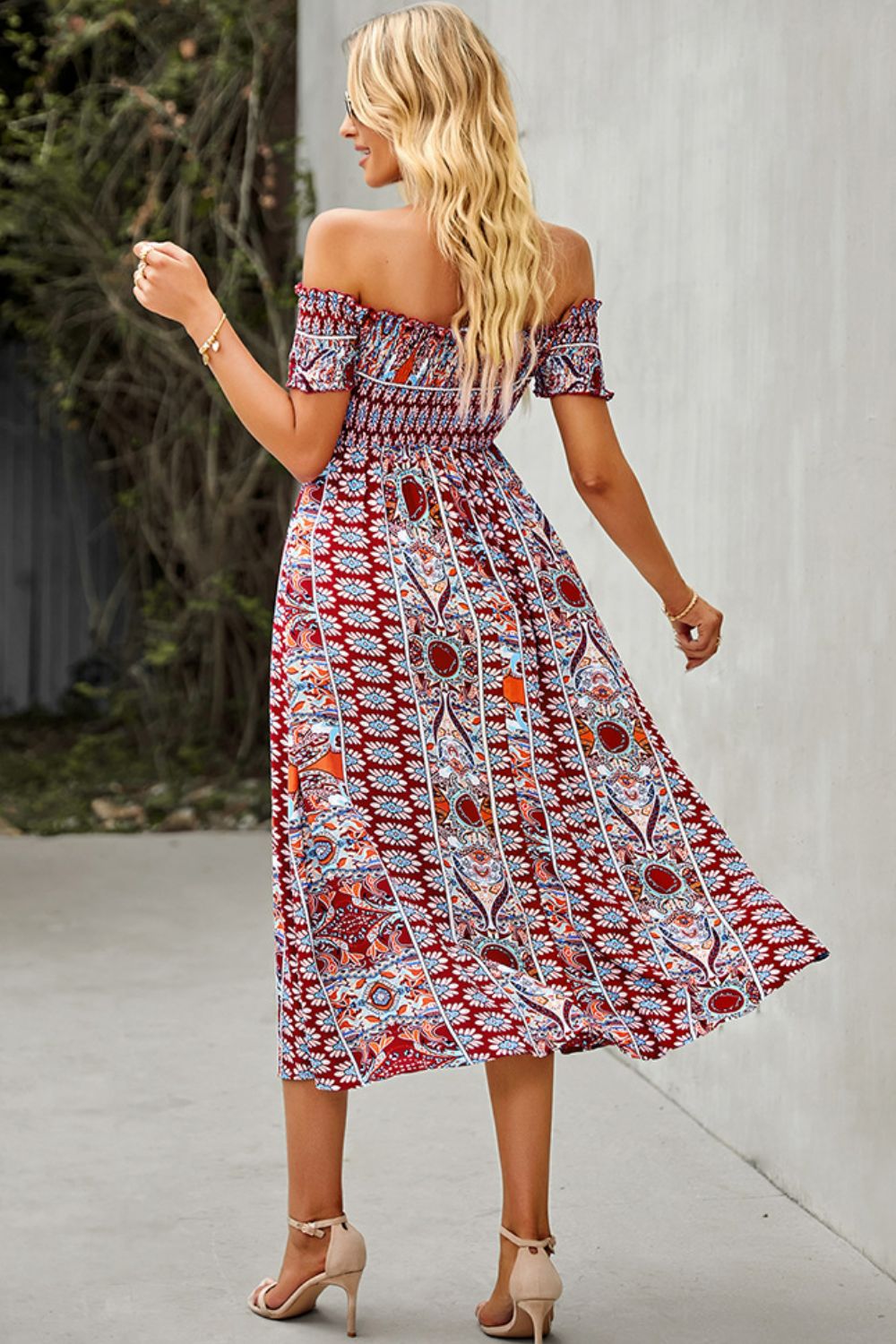 Bohemian Retro 70s Floral Smock Chest Off-Shoulder Midi Summer Dress