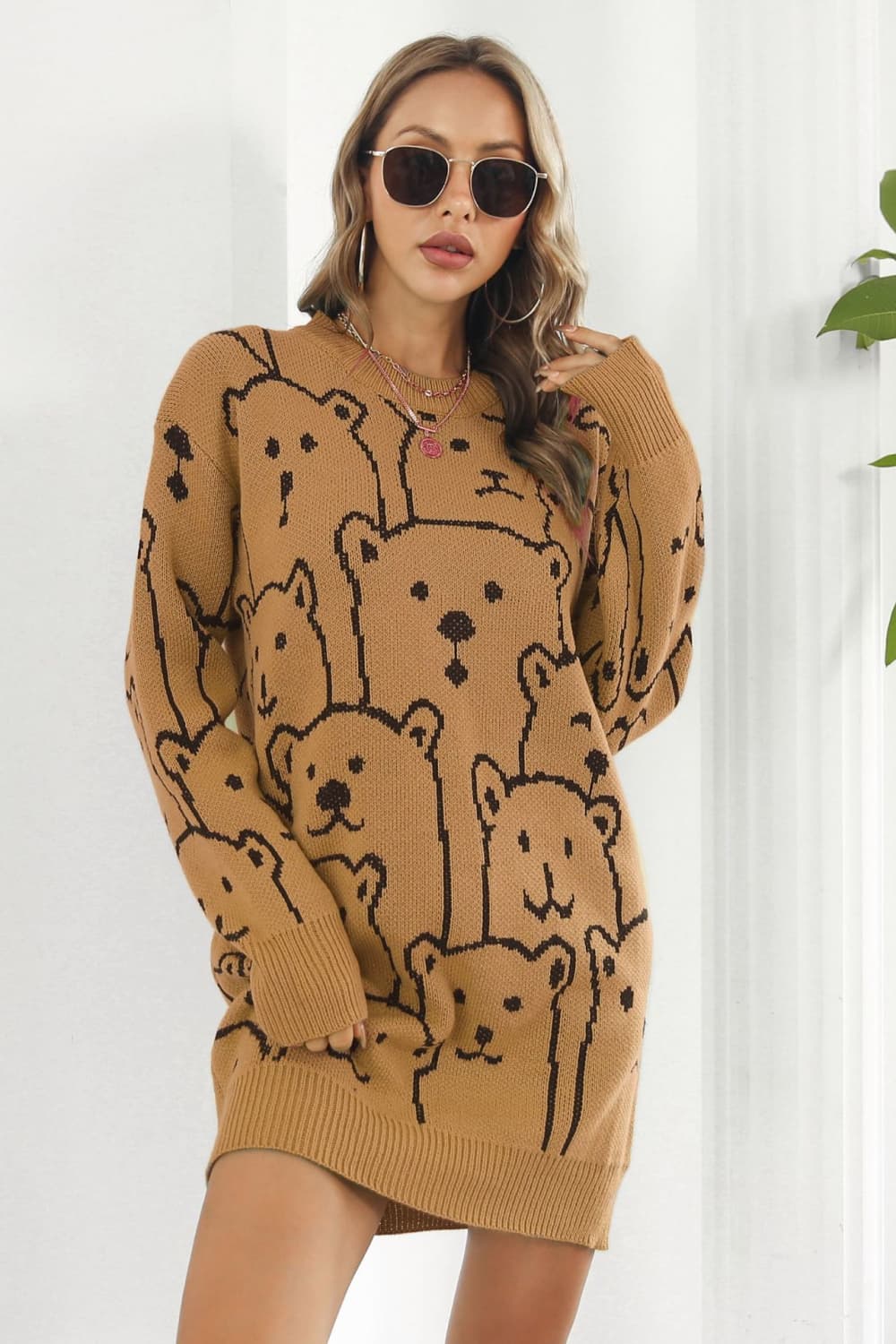 Polar Bear Round Neck Cozy Knit Long Sleeve Mini Sweater Dress
