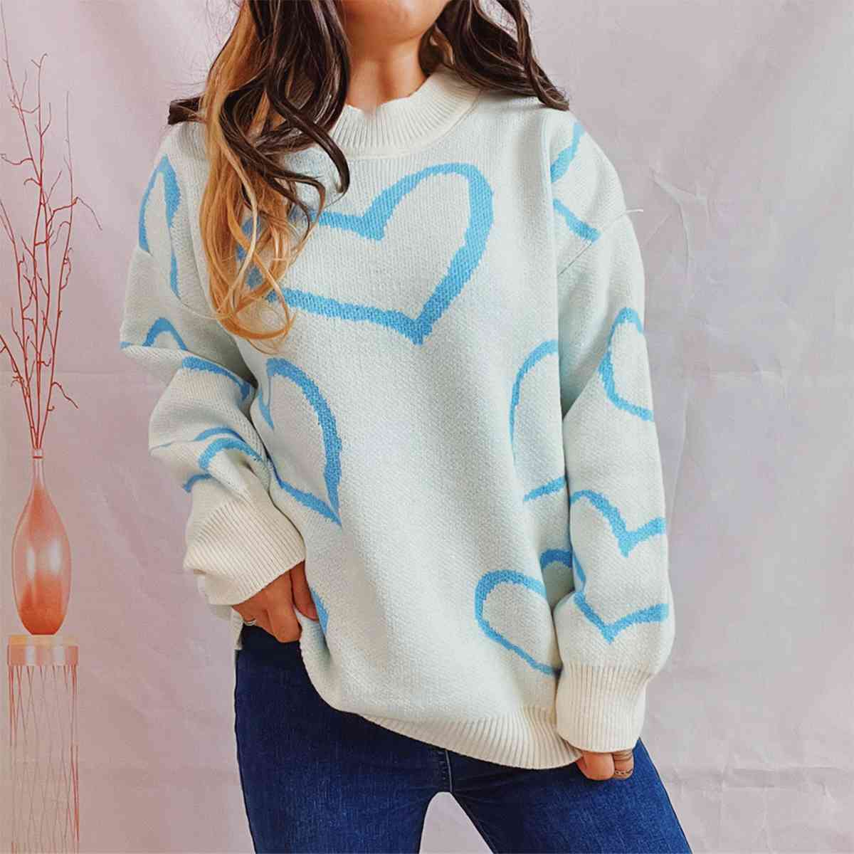 Knit Heart Color Contrasting Classic Long Sleeve Round Neck Pullover Sweater Top