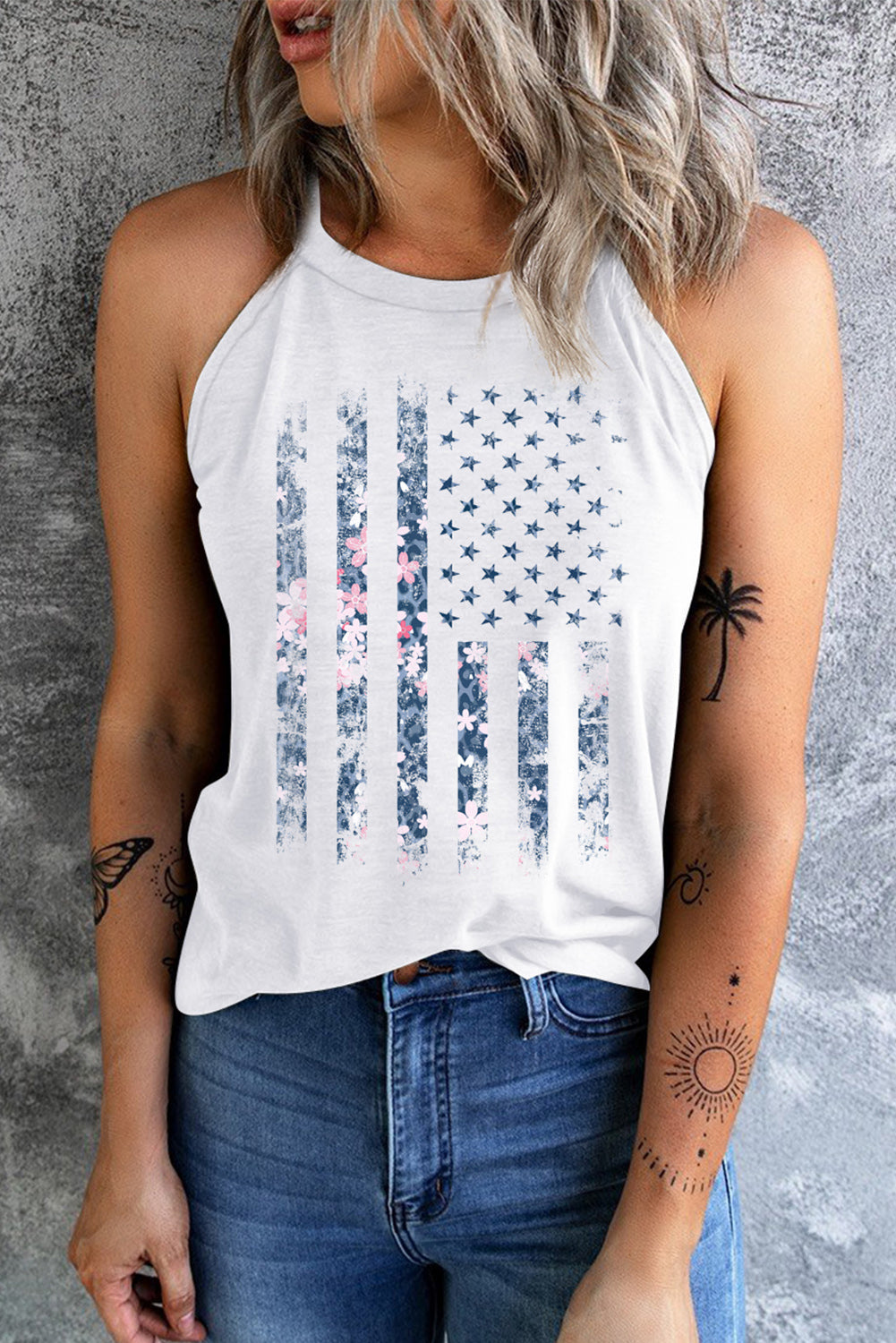 American Flag Floral Graphic Shirt Patriotic Sleeveless Grecian Tank Top