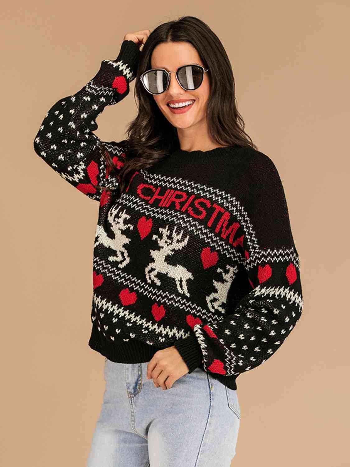 Reindeer Heart Knit Round Neck Holiday Long Sleeve Fair Isle Christmas Sweater