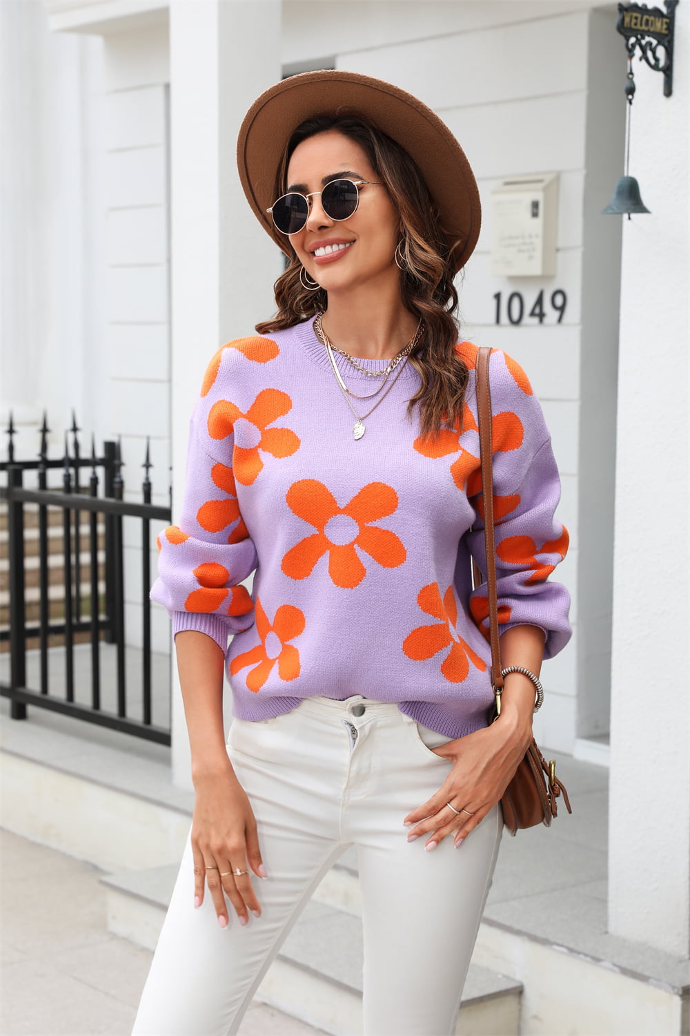 Flower Power Retro Floral Knit Round Neck Long Sleeve Oversized Pullover Sweater