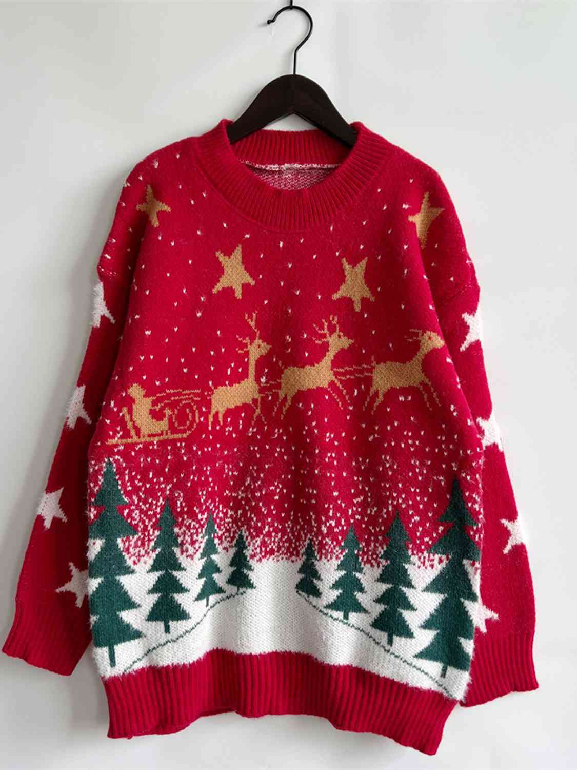 Bold Knit Christmas Santa Reindeer Round Neck Classy Holiday Winter Sweater