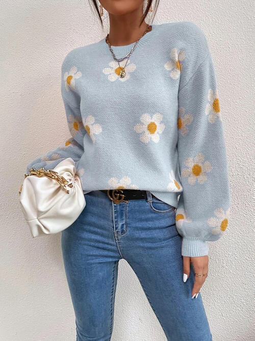 Daisy Retro Flower Knit Pullover Classic Long Lantern Sleeve Sweater Shirt