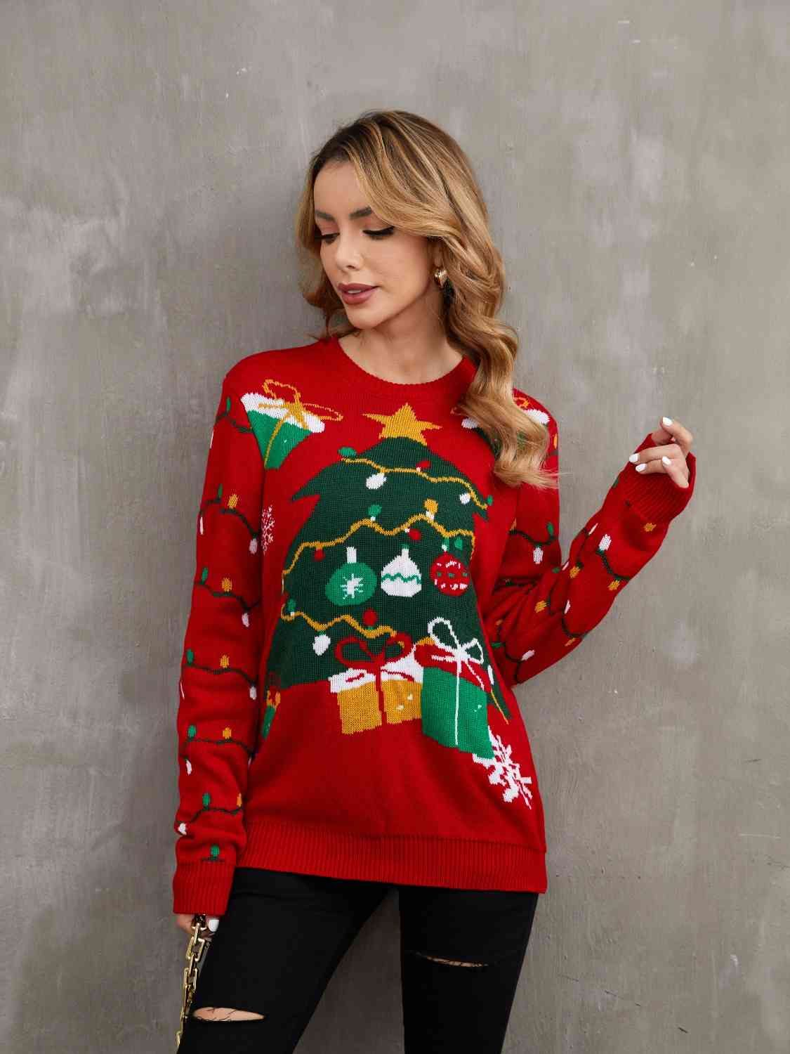 Bold Knit Christmas Tree Lights Round Neck Classy Holiday Winter Sweater