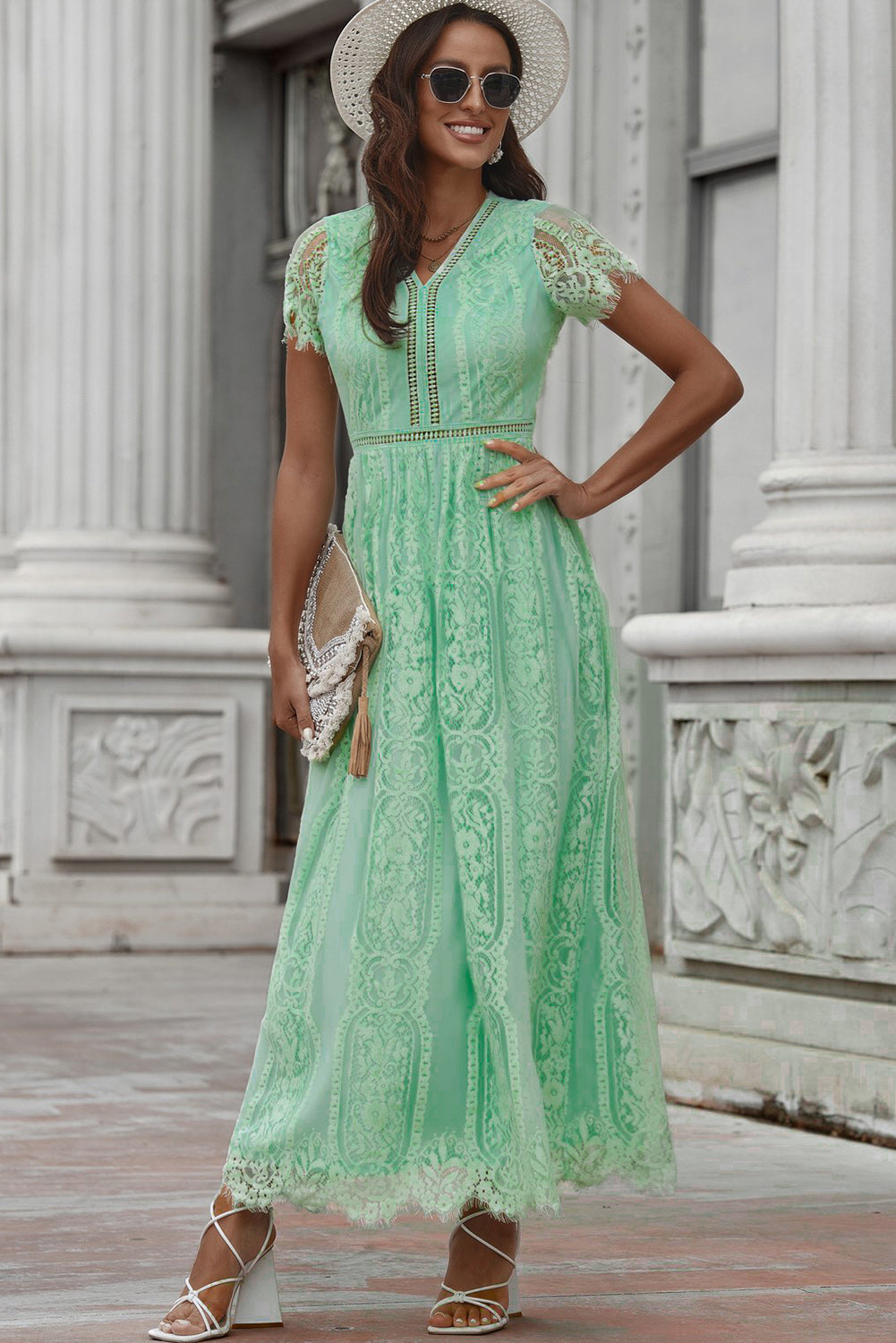 Elegant LACE V-Neck Short-sleeve Maxi Dress