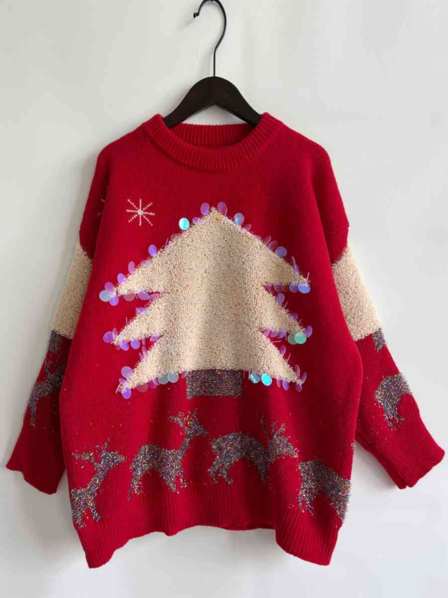 Oversized Sequin Shag Teddy Christmas Tree Reindeer Knit Long Sleeve Sweater Top