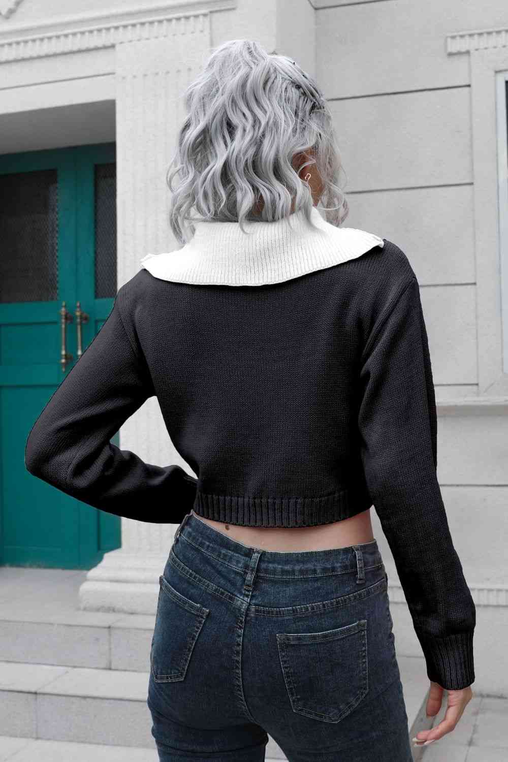 Collar Contrast Color Preppy Crop Top Long Sleeve Faux Layer Sweater Shirt