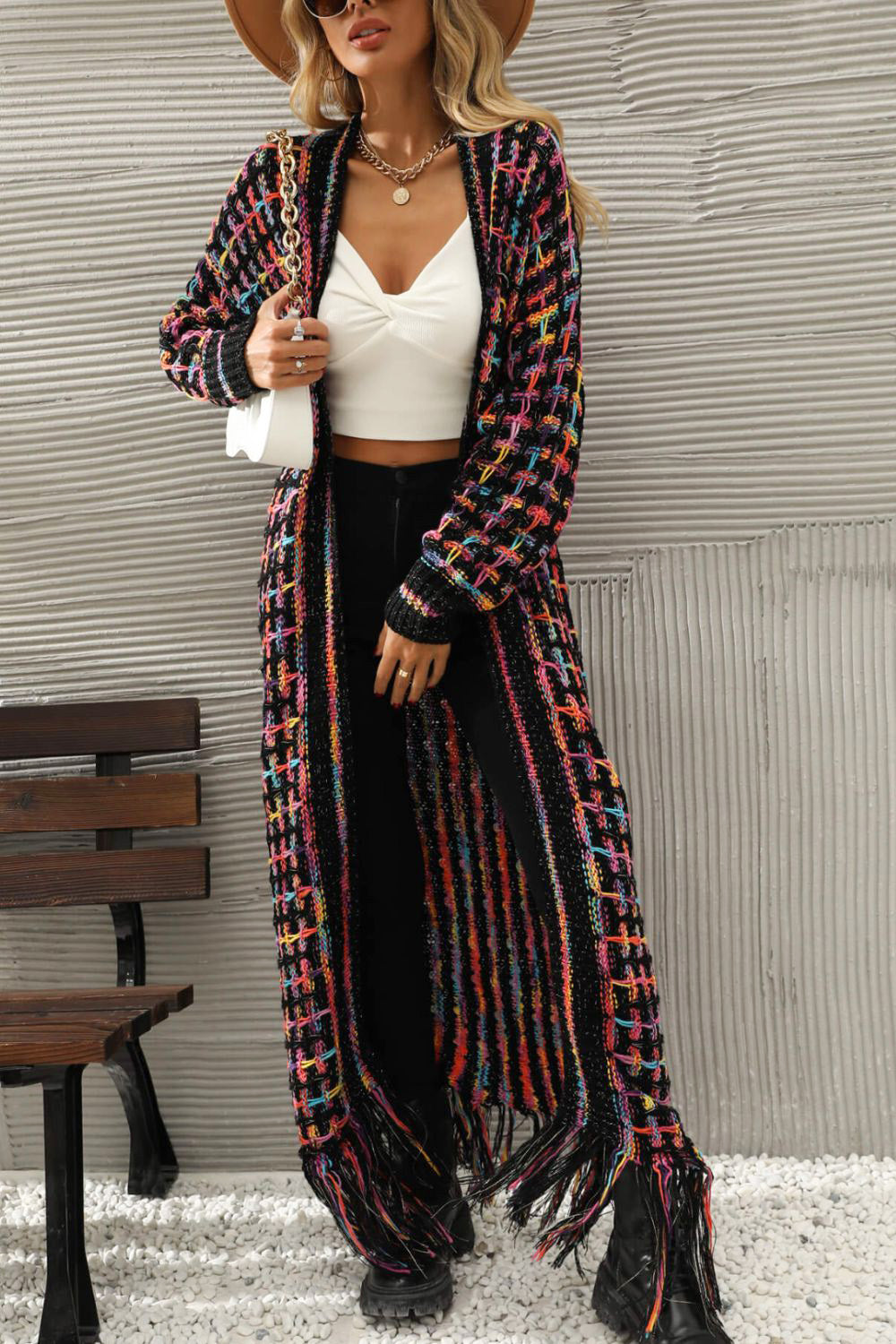 Retro Knit Bold Colorful Open Front Fringe Hem Longline Duster Sweater Cardigan