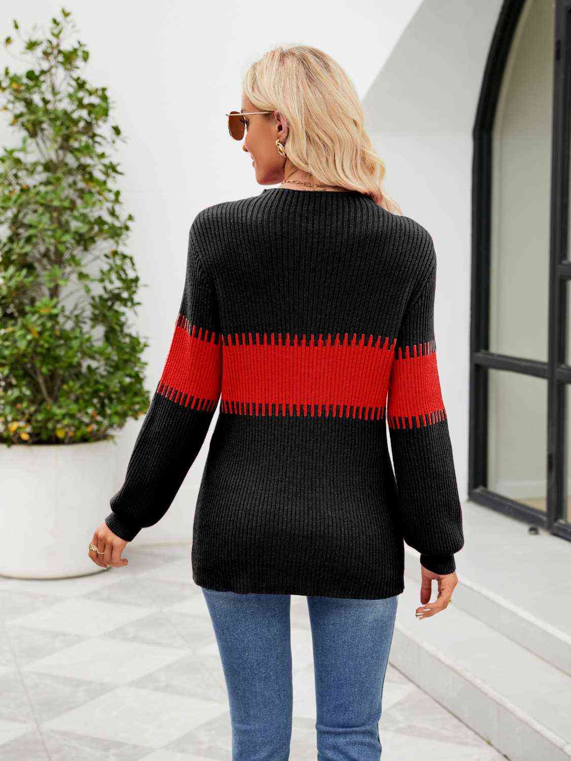 Contrasting Color Block Ribbed Knit Long Sleeve Patchwork Minimalist Sweater