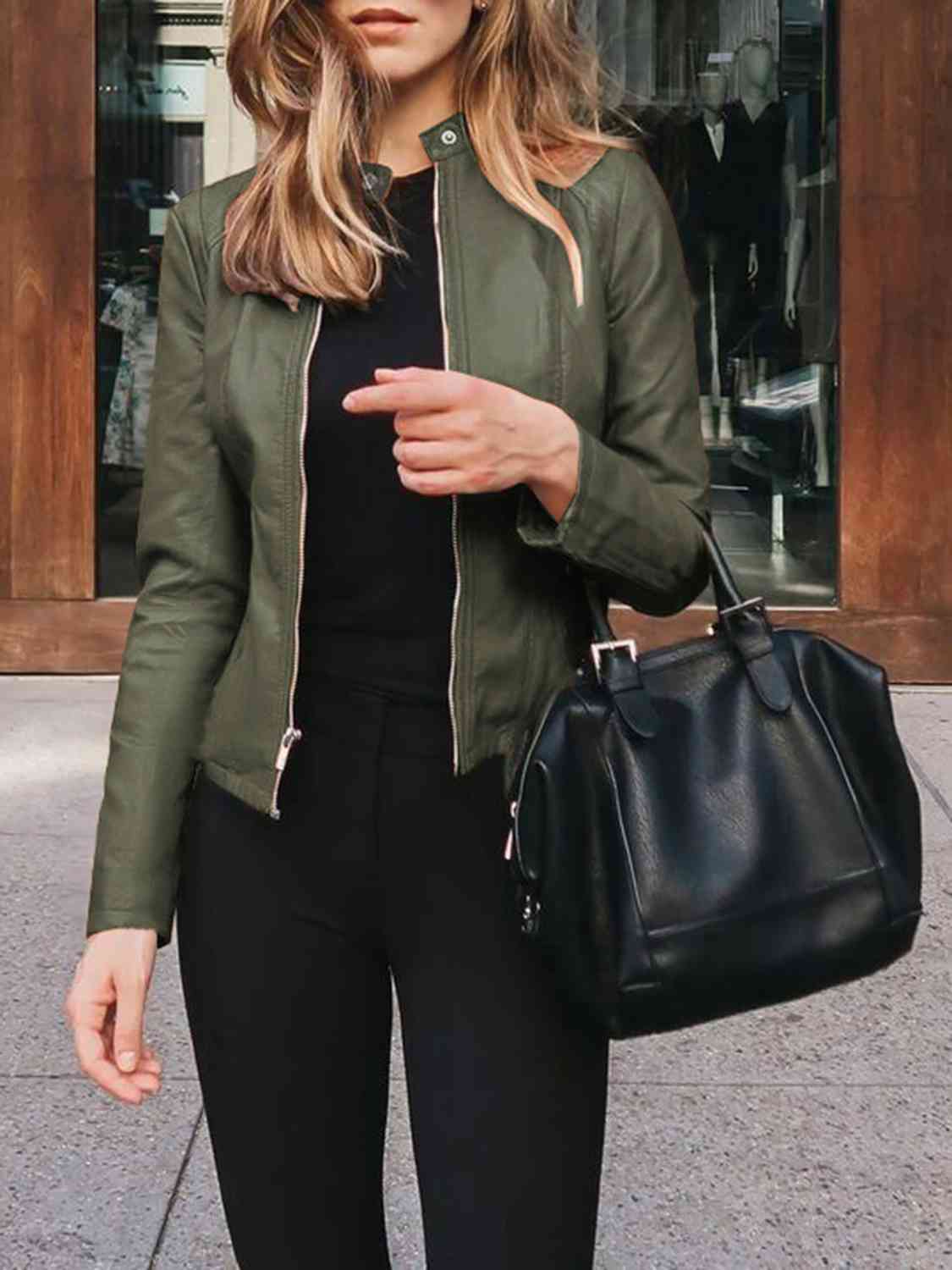 Chic Moto Vegan Leather Jacket Zip-up Sleek Snap Mock Neck