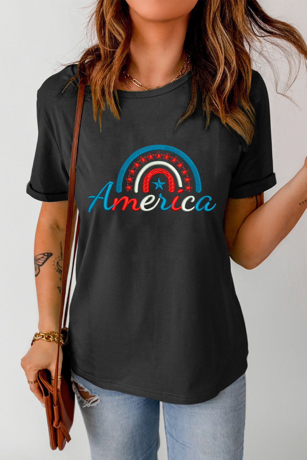 Embroidered AMERICA Patriotic Top Cuffed Short Sleeve Tee Shirt (Plus Size Available)