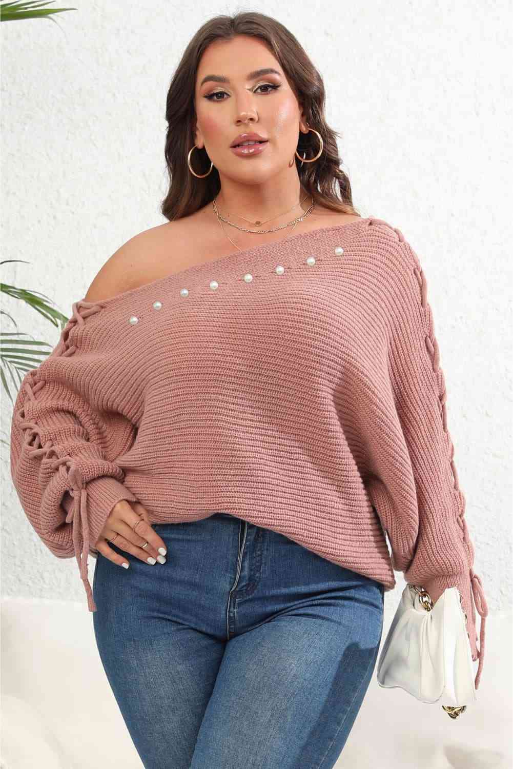 Beaded Pearl Lace Up Sleeve Off Shoulder Asymmetrical Boat Neck Sweater Plus Size Only