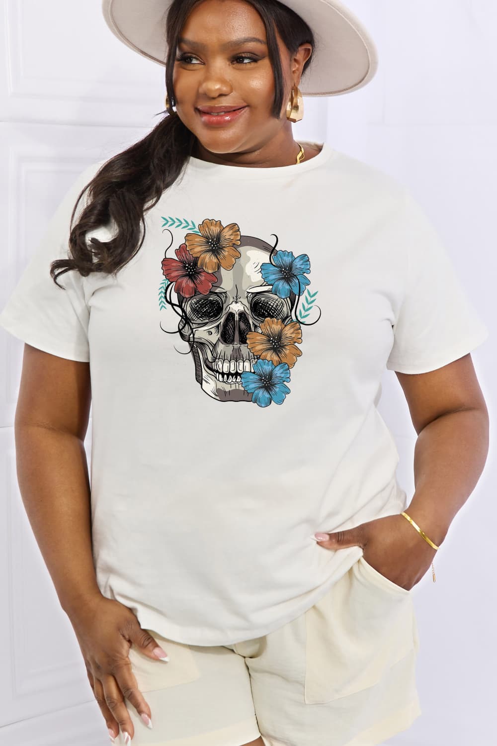 Bright Floral Skull Graphic Short Sleeve Tee Shirt 100% Premium Cotton