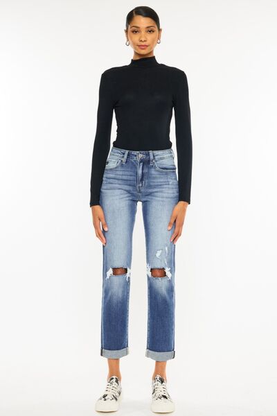 KanCan High-Rise Waist Distressed Denim Cuff Cropped Hem Straight Leg Jean Pants