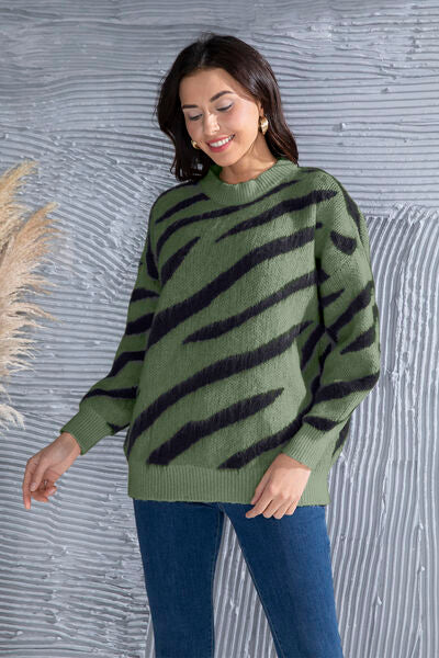 Zebra Stripe Animal Print Long Sleeve Round Neck Oversized Sweater Shirt