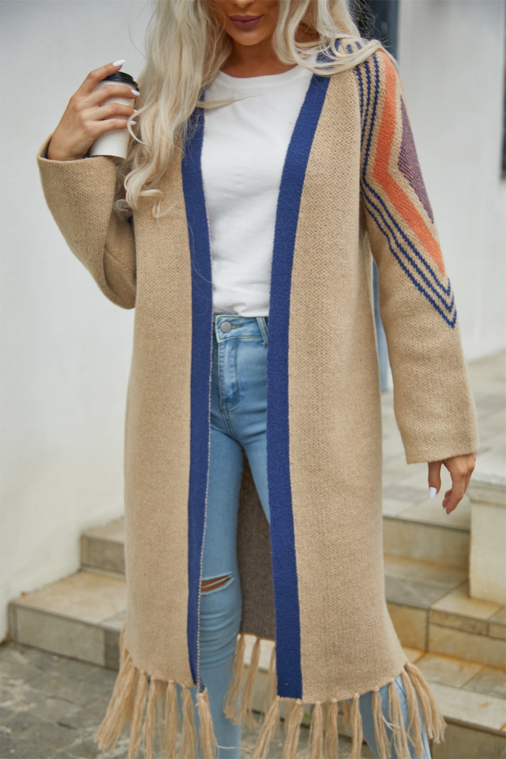 Fringe Retro Geometric Knit Cardigan Sleeve Colorful Open Front Sweater Duster