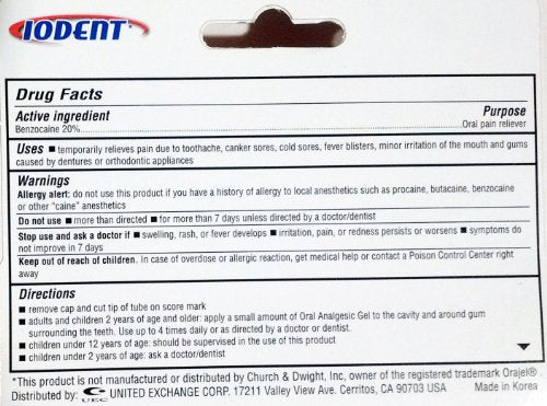 IODENT Oral Pain Relief Gel 0.42 OZ, Maximum Strength 20% Benzocaine