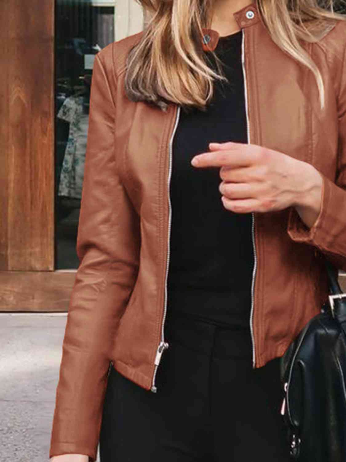 Chic Moto Vegan Leather Jacket Zip-up Sleek Snap Mock Neck