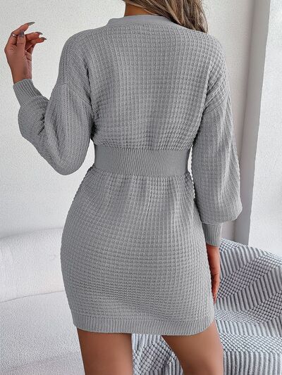 Cable Waffle Knit Blend Sweater Dress Buttoned V-neck Long Sleeve Mini