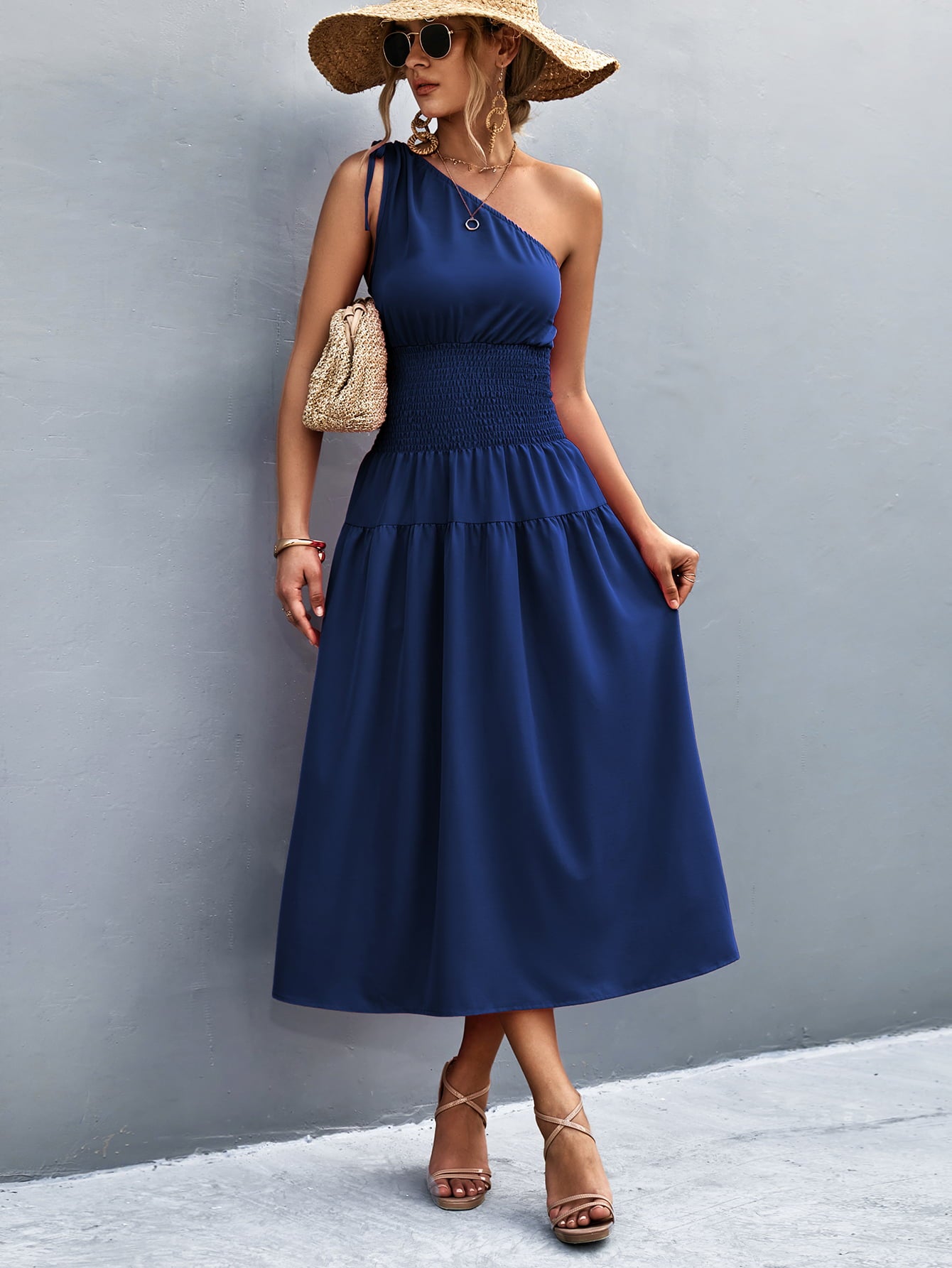 Cinch Tie Asymmetrical One Shoulder Smocked Waist Midi Dress