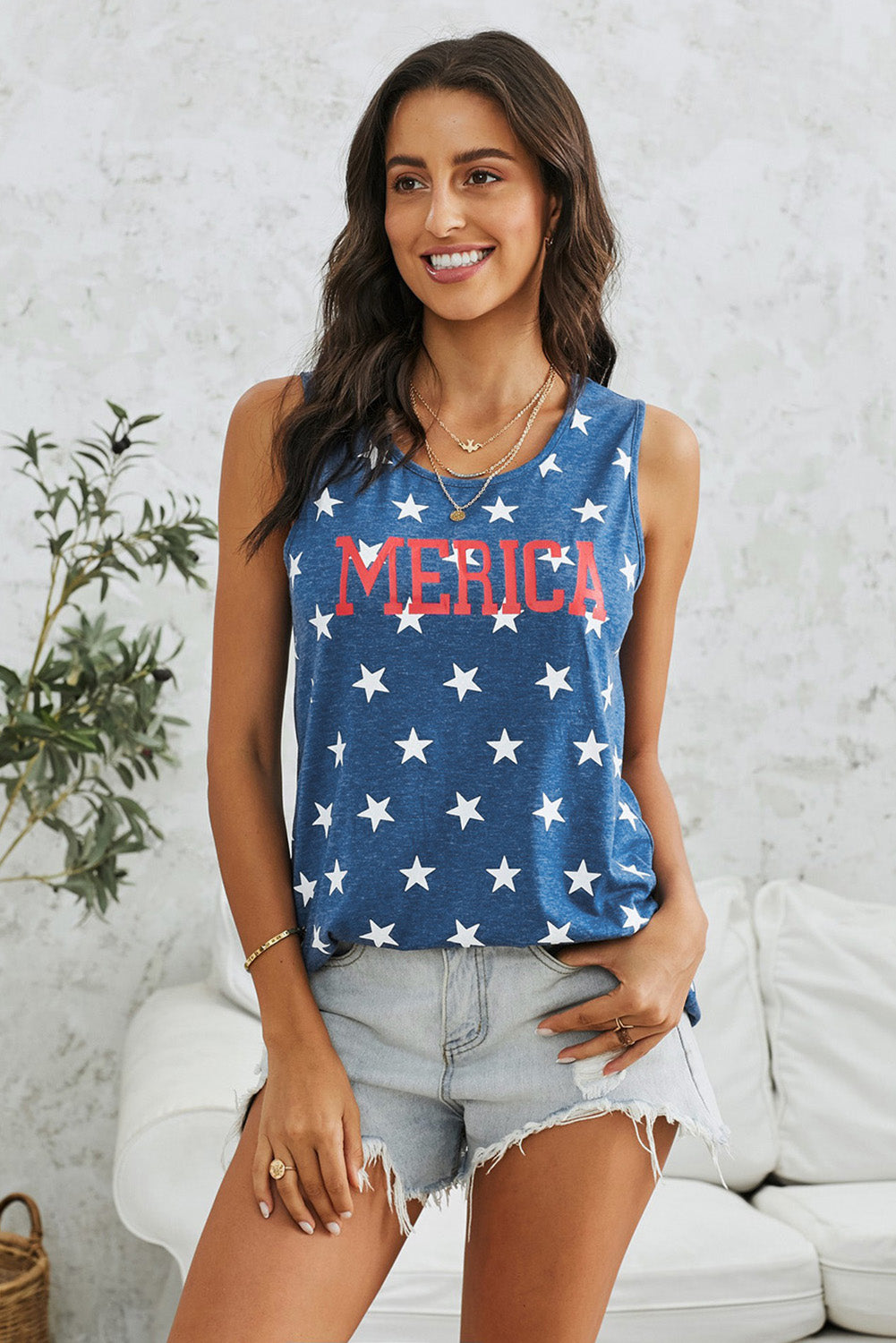 MERICA Star Print American Round Neck Shirt Sleeveless Tank Top (Plus Size Available)